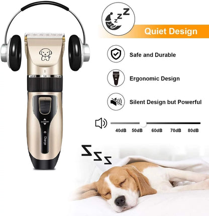 Electric Quiet Dog Hair Trimmer Set, Professional Rechargeable Cordless Cat Shaver and Low Noise Pet Grooming Kit Dog Hair Clippers Tool with Scissors Combs